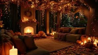 Thumbnail: Magical Autumn Porch Vibes 🎃 Gentle Rain, Mellow Jazz & Cozy Fireplace for Peaceful Evenings