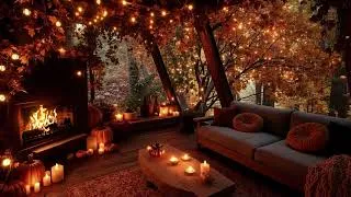 Thumbnail: Peaceful Autumn Pumpkin Night 🍂 Rainy Porch Jazz & Crackling Fireplace for Relaxation