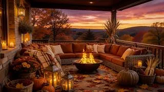 Thumbnail: Peaceful Autumn Sunset on Cozy Porch 🍂 Warm Jazz & Crackling Fire for Relaxation, Study & Sleep