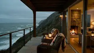 Thumbnail: Stormy Sea Fireplace 🌊🔥 | Cozy Covered Patio with Crackling Fire & Crashing Waves at Night