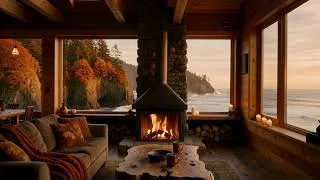 Thumbnail: Autumn Fireplace by the Sea 🍂🌊 | Cozy Coastal Cabin with Crackling Fire & Ocean Sunset Views