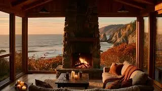 Thumbnail: Coastal Autumn Fireplace 🍂🌊 | Cozy Seaside Cabin with Ocean Waves & Crackling Fire at Sunset