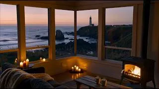 Thumbnail: Coastal Wood Stove Fireplace 🌊🔥 | Cozy Cabin with Ocean Views & Crackling Fire at Dusk