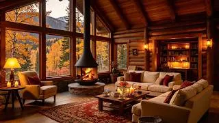 Thumbnail: Smooth Jazz, Cozy Fireplace & Golden Forest Views for Relaxation 🍂 Rainy Autumn Cabin Ambience