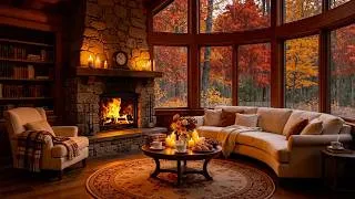 Thumbnail: Cozy Autumn Cabin Ambience 🍁 Soft Jazz, Crackling Fireplace & Rainy Forest View to Unwind