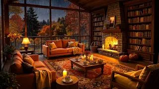 Thumbnail: Gentle Jazz Music in Cozy Autumn Cabin Ambience - Fireplace Sounds with Rain on Window for Calm Mood