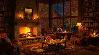 Thumbnail: 🍂 Slow Jazz in Cozy Autumn Reading Nook Ambience with Night Rain & Fireplace Sounds for Sleep, Study
