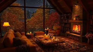 Thumbnail: Cozy Autumn Cabin Ambience 🍂 Soft Jazz Music, Gentle Night Rain & Fireplace Sounds for Relax, Sleep