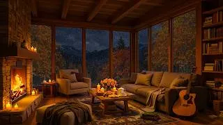 Thumbnail: Rainy Night in Cozy Room Ambience 🍂 Smooth Autumn Jazz with Heavy Rain & Fireplace Sounds for Sleep