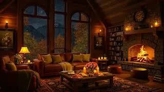 Thumbnail: Cozy Autumn Cabin Ambience 🍂 Warm Jazz with Heavy Rain & Fireplace Sounds for Relaxation, Deep Sleep