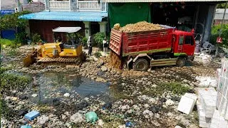 Thumbnail: Wonderful First New Actions!! KOMATSU DOZER D31P & 5Ton Dump Truck Begin New Landfill Into Flooded