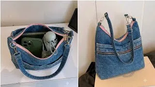 Thumbnail: 👜Shoulder Bag With Pocket From Old Jeans | Bolso con bolsillo desde vaqueros | Upcycled Crafs 👖✂️👜