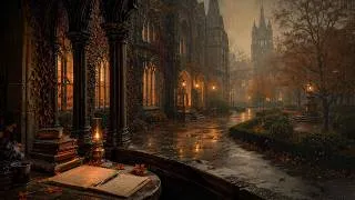 Thumbnail: Autumn Mist through Cozy Gothic Reading Nook | Relaxing Piano with Rain | Dark Academia Autumn Music