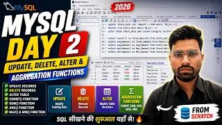 Thumbnail: 🔥 MySQL Day 2 | UPDATE, DELETE, ALTER & Aggregate Functions | Complete Beginner Guide (2026)