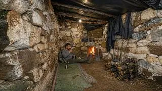 Thumbnail: Alone in a Storm | Building a Stone Shelter with Fireplace | Winter Camping Nature ASMR