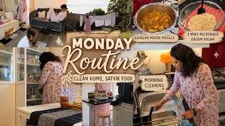 Thumbnail: Monday Reset Routine - Morning Cleaning + Satvik Bhog Thali | Easy Recipes | 5 Min Microwave Halwa