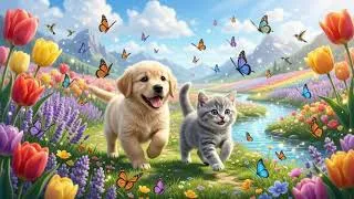 Thumbnail: Dreamy Puppy & Kitten Friends Vol.2 | Butterfly Chase | Relaxing Fantasy Nature Music