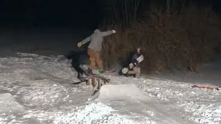 Thumbnail: Rail Jam Snowboarding Front yard rail yard | Homemade terrain park
