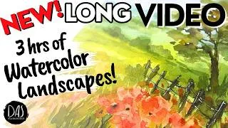 Thumbnail: 3hrs of Non-Stop FUN Watercolor Landscape Inspiration (Whimsical Houses, Sheep, Poppies & more!)