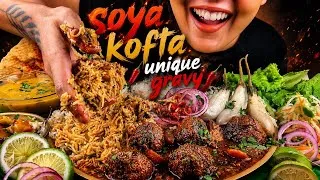 Thumbnail: COOKING & EATING SOYA KOFTA UNIQUE GRAVY WITH PALAK DAL, BHAJI & JEERA RICE | NUTRI SOYA KOFTA GRAVY