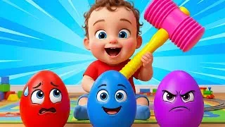 Thumbnail: Surprise Eggs! 🔨🥚 Learn Shapes & Wheels on the Bus | Ding Dong Kids English Nursery Rhymes