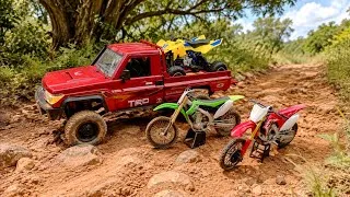 Thumbnail: ATV Rescue Mission! RC Toyota Land Cruiser Saves a Stuck Suzuki Quad Racer! Honda CRF & Kawasaki KX