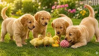 Thumbnail: Naughty puppies playing with ducklings on the grass - Dog barking sounds - Dog videos