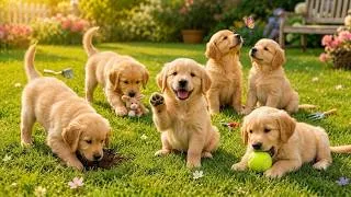 Thumbnail: Happy puppies playing with toys on the grass - Dog barking sounds - Dog videos