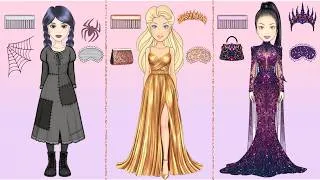 Thumbnail: Paper Dolls Dress Up - Poor Rich vs Giga Rich Wednesday, Rapunzel and Vampire Handmade Papercraft