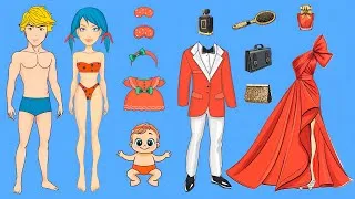 Thumbnail: Paper dolls Rich Red Ladybug & Cat Noir mother & daughter family dress up costumes papercrafts