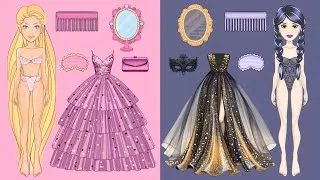 Thumbnail: Paper Dolls Dress Up - Rich Pink Rapunzel Vs Poor Black Wednesday Handmade Papercraft