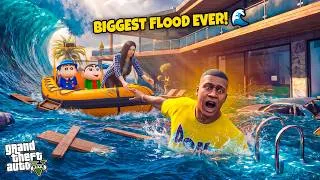 Thumbnail: 🌧️ Franklin Survives the Biggest Flood in Los Santos! 😱 Saves His Family | GTA 5 Malayalam