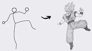 Thumbnail: How to draw Goku Full Body out of Stick Man | Easy Step by Step