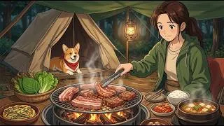 Thumbnail: rainforest stream camp | korean bbq pork, wood stove & rain asmr | cozy ghibli style