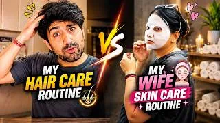Thumbnail: Husband vs Wife 😂 | Hair Care Routine VS Skin Care Routine | Couple Vlog