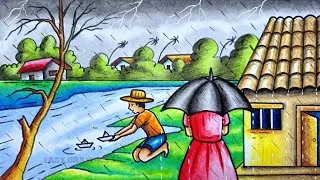 Thumbnail: Rainy season drawing / rainy day drawing/বৃষ্টির ছবি/বর্ষাকালের সিনারি আঁকা
