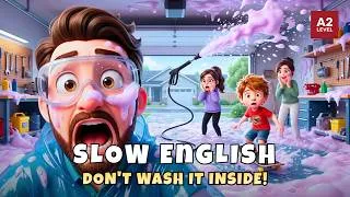 Thumbnail: Dad Tried to Wash the Car Inside the Garage! 🚗😱 | Slow English Listening Story (A1-A2)
