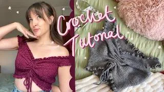 Thumbnail: How to crochet an off the shoulder scrunch tie top 🪩 Beginner friendly crochet tutorial ✨