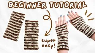 Thumbnail: SO EASY! how to crochet striped fingerless gloves for BEGINNERS | crochet hand warmers tutorial ☕
