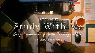 Thumbnail: 3 HOUR STUDY WITH ME 🌙 LATE NIGHT 🔥 fireplace ambience | study ASMR background noise pomodoro 50/10