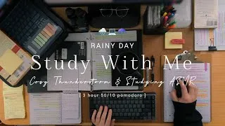 Thumbnail: 3 HOUR STUDY WITH ME on a RAINY DAY 🌧️study ASMR ambience ☂️ background noise | pomodoro 50/10