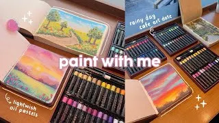 Thumbnail: ☕️ a cozy cafe art date 🎨 paint with me, lightwish 77 floral oil pastels ASMR swatching, unboxing 🍒