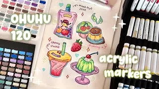 Thumbnail: 🍒 trying ohuhu kahuku 120 acrylic markers 🍮 color with me 🍧 food illustration ✨
