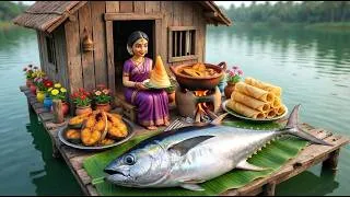 Thumbnail: Miniature Doll BIG TUNA FISH Cooking ASMR | Floating House Indian Village Tiny Kitchen Story