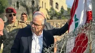 Thumbnail: Israeli out, Lebanese PM Nawaf Salam plants a Lebanese flag in the south of Lebn Zawtar al-Gharbiyeh