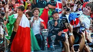 Thumbnail: Kimi Antonelli celebrating with George Russell & Tifosi after Monza Win | Wholesome Podium moments