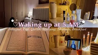 Thumbnail: *Productive* Waking up at 5AM 🌤️ | Morning routine, Tahajjud, Fajr, Quran, Studying, Skincare & more