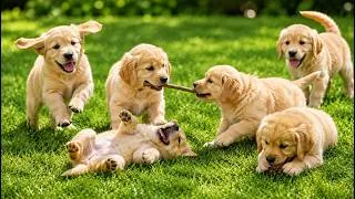 Thumbnail: 🐶💛 Happy Golden Retriever Puppies Playing Together on Lush Green Grass | Dog Sounds
