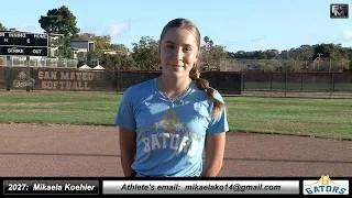 Thumbnail: 2027 Mikaela Koehler 4.15 GPA Athletic Catcher. & 3B Softball Recruiting Video Golden State Gators 
