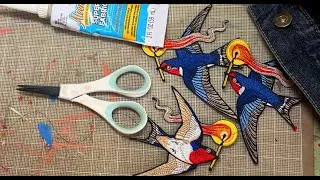 Thumbnail: Attaching a barn swallow embroidered patch to a jacket without heat seal - using glue and sewing